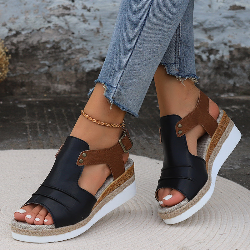 Women's Comfy Mid-Heel Wedge Sandals - Open-Toe, Buckle Ankle Strap, Chic Geometric Colorblock for Summer Elegance